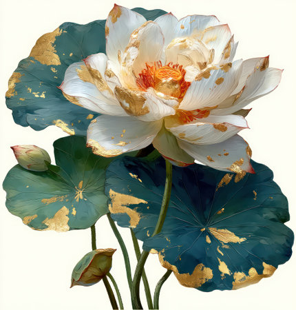 A close-up view presents a lotus flower with pristine white petals, tinged with gold. Surrounding the flower are large, teal-colored leaves, also adorned with gold. The composition appears against a soft, off-white backdrop. This vibrant floral design could be used for various decorative and editorial applications.の素材