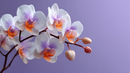 A close-up captures delicate orchid flowers with white petals and vibrant purple and orange centers. The composition displays the blossoms against a soft purple backdrop. The image utilizes soft lighting, creating a clean aesthetic suitable for various commercial or editorial applications.の素材