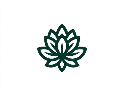 A minimalist logo showcases a green lotus flower, depicted with stylized petals. The design employs clean lines against a white backdrop, conveying simplicity and sophistication. Suitable for various applications, this graphic can be utilized for branding, websites, and promotional materials in the design and wellness sectors.の素材