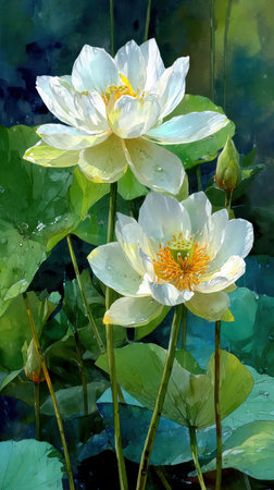 Two white lotus blossoms with yellow centers are depicted against a backdrop of green foliage. The artwork exhibits a painterly style with visible brushstrokes and soft lighting. The image suggests a natural environment, potentially a pond or garden, and is suitable for various commercial or decorative applications.の素材