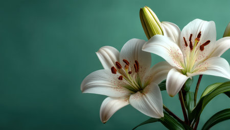 Two pristine white lilies with yellow centers are showcased against a solid teal background. The studio lighting enhances the texture of the petals. The image is suitable for various design projects, including decorative purposes and editorial use, where a clean aesthetic is desired.の素材