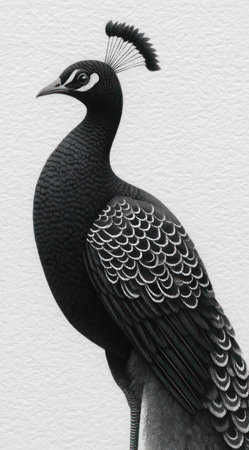 This image showcases a detailed illustration of a peacock in monochromatic tones. The bird stands prominently against a clean white background, highlighting its form. The artwork features textured detailing and a strong composition. Suitable for various applications, including print and digital projects. Could be used for editorial and commercial use.の素材