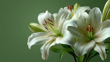 Close-up of vibrant white lily flowers, showcasing delicate petals and intricate details. The flowers are set against a smooth, solid green background, creating a visually appealing contrast. The composition highlights the beauty of nature, suitable for various uses including decorative, floral, and design projects.の素材