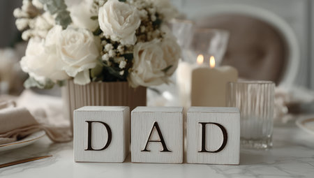 A close-up captures a sophisticated table setting featuring a bouquet of white roses and wooden blocks spelling out "DAD". Soft lighting illuminates a candle and glassware, highlighting the textures of the tablecloth and the subtle color palette. Suitable for various editorial and commercial projects conveying themes of family or celebration.の素材