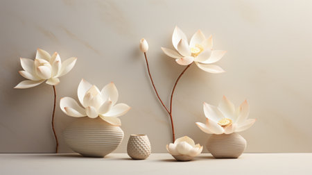 This image presents several white lotus flowers arranged in decorative vases against a neutral background. The composition highlights the flowers' delicate petals and soft lighting, creating a serene and minimalist aesthetic. Suitable for various applications, including editorial content, this image can enhance designs with natural elegance.の素材