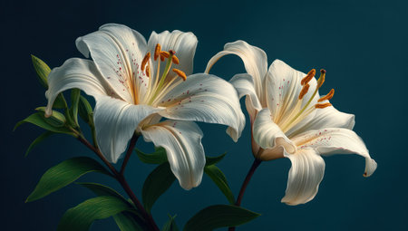Two pristine white lilies, with subtle yellow and brown details, are showcased against a dark teal backdrop. The image features soft lighting highlighting the delicate textures of the petals. Ideal for commercial applications, this image provides a versatile visual for various editorial or promotional projects.の素材