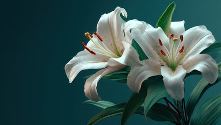 Two pristine white lily flowers bloom with prominent pistils and stamens, set against a dark teal background. The image highlights delicate petals, green leaves, and soft shadows. This studio-style botanical composition could be utilized for various commercial and editorial projects requiring a touch of elegance.の素材