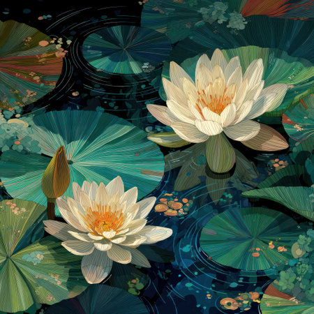 This vibrant illustration presents two water lilies in full bloom, showcasing their pristine white petals and golden centers. They sit amidst large, round, green lily pads. The artwork employs a close-up perspective and rich color palette of greens, browns, and whites, suggestive of a calm aquatic environment. It can be used for decorative and educational purposes.の素材