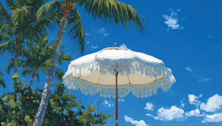 An off-white parasol stands open against a clear blue sky. Palm trees partially frame the image with their green fronds. The composition features vibrant colors and natural sunlight suggesting an outdoor setting. This image is suitable for various commercial uses, including travel and lifestyle content.の素材