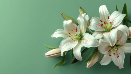 This image features several open white lilies with delicate details. The flowers rest against a muted green background, creating a harmonious composition. The lighting appears soft, highlighting the textures of the petals. Suitable for various applications, including print and digital content, this image offers versatile design potential.の素材
