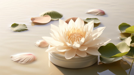 A close-up showcases a delicate white water lily, partially open, resting on a small, round base within calm water. Several green lily pads and scattered petals surround the central flower. Soft lighting creates gentle shadows, highlighting the flower's texture. Suitable for beauty, wellness, or relaxation themed projects.の素材