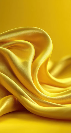 This image presents a close-up of flowing yellow silk. The fabric is smooth and reflects light, creating a sense of luxury. The composition showcases graceful curves and folds, set against a solid yellow backdrop. Suitable for various design projects, it can be used for textiles or graphic design.の素材