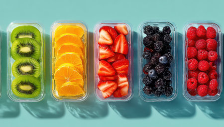 An overhead view displays a colorful assortment of sliced fruits neatly arranged in transparent containers. The image showcases vibrant green kiwi, orange slices, red strawberries, dark blackberries, and red raspberries. The composition features a clean, bright aesthetic suitable for various commercial applications related to health and food.の素材