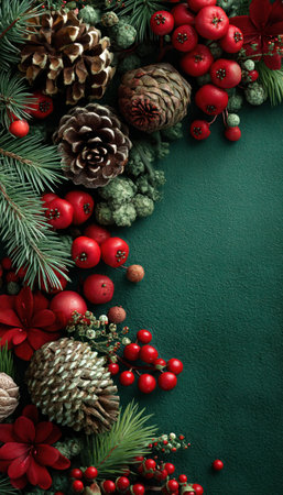 A seasonal arrangement displays pinecones, red berries, and evergreen branches against a dark green backdrop. The composition features a variety of textures and warm colors, with detailed elements creating a rich visual appeal. Suitable for holiday-themed projects or general decorative purposes, this image is ideal for various commercial uses.の素材