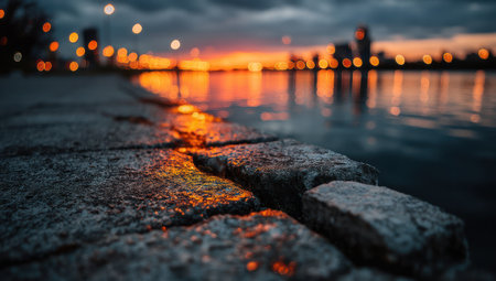 An urban waterside scene features a stunning sunset reflected in calm water, with the warm hues of orange and yellow blending with the cool tones of dusk. The foreground reveals a textured stone surface, and the distant cityscape is illuminated by soft, blurred lights. This image is suitable for various commercial applications.の素材