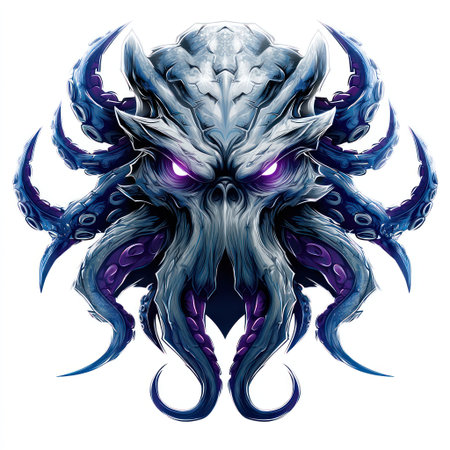 An illustration depicts a monstrous creature with multiple tentacles, intricate details, and glowing eyes. It features shades of blue and purple, and a metallic texture. The composition is centered, presented on a white background, and appears to be created digitally. This image is suitable for various commercial uses.の素材