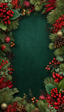 An image presents a Christmas-themed border. The composition includes vibrant red berries, lush green pine branches, and pine cones arranged around a central space. The style suggests a natural aesthetic with detailed textures, and the background is a rich emerald green. This design could be suitable for various holiday-related projects.の素材