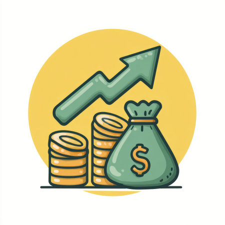 An illustration depicts financial growth using a green arrow, stacks of coins, and a money bag. The composition is set against a yellow circular background. This simple, clean design with bold outlines suggests financial progress. Potential uses include presentations and promotional materials related to finance.の素材