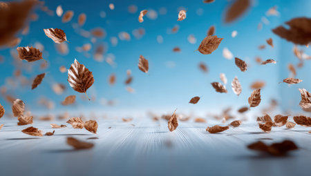 Numerous brown and gold leaves are suspended in the air against a gradient blue backdrop. The image features a shallow depth of field, with soft focus and blurred elements. It evokes a sense of motion and natural beauty. Suitable for commercial projects or editorial content.の素材