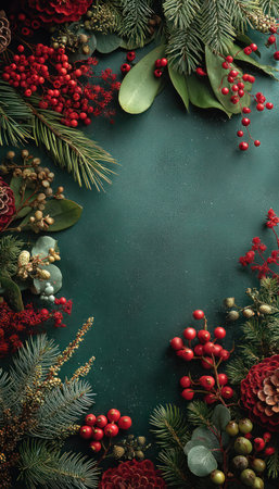 A close-up view presents a vibrant Christmas wreath composed of red berries, pine needles, and various green leaves. The arrangement is set against a dark, textured backdrop. This visual composition, featuring natural elements and a festive mood, is suitable for holiday-themed commercial projects and seasonal editorial content.の素材