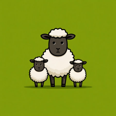 Three sheep stand together in a stylized vector illustration against a green backdrop. The artwork features simplified forms and bold outlines. The image presents a clean and modern aesthetic. Suitable for various applications, including print, digital media, and educational resources.の素材