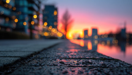 This image features a blurred urban scene at dusk. The low-angle perspective shows a waterfront with wet paving stones reflecting the colorful sunset. The composition includes buildings and lights that are out of focus. It could be used in design projects, websites, or editorial publications.の素材