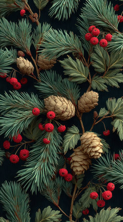 An image showcases evergreen branches laden with pine cones and vibrant red berries. The composition features a repeating pattern against a dark background, highlighting natural textures. The artwork employs a painterly style and soft lighting, ideal for design templates and holiday-themed commercial applications.の素材