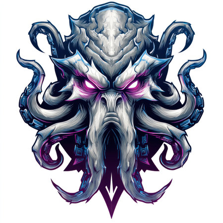 An intricately designed illustration presents a fantasy creature with sharp features and a detailed texture. The creature, rendered in shades of grey, blue, and purple, is set against a plain white background, allowing the artwork to stand out. The lighting enhances the complex form, suitable for various creative applications.の素材