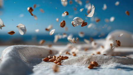 This image features almonds and white petals suspended in the air. The composition showcases a shallow depth of field, with a focus on the objects against a blurred blue background. The textures include rough surfaces and soft petals. This visual could be utilized for various commercial and illustrative purposes.の素材