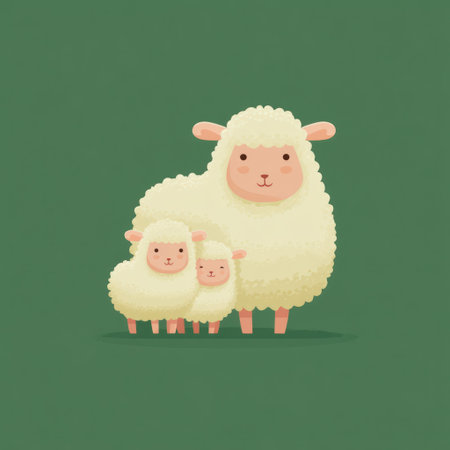 This illustration depicts a family of sheep against a simple green backdrop. The sheep feature a soft, fluffy texture, rendered in light shades with pink accents. The composition is clean and modern, showcasing a charming, inviting style. It is suitable for various commercial purposes, including print and digital media.の素材