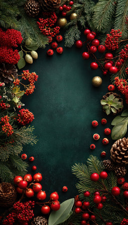 A vibrant overhead shot presents a lush Christmas wreath arrangement. Red berries and pinecones contrast against evergreen branches. Gold accents enhance the holiday theme, while the composition suggests an inviting frame. The image's details offer versatile use for seasonal designs or decorative purposes.の素材