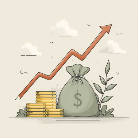 An illustration depicts financial growth, featuring a money bag, stacks of coins, and an upward-pointing arrow. The style utilizes soft colors with outlines, suggesting a business or finance concept. It could be suitable for articles related to investing or economic progress and be useful in various commercial contexts.の素材