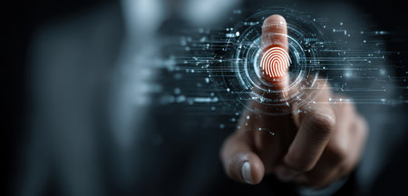 A close-up captures a finger interacting with a glowing digital interface. The image displays a fingerprint surrounded by a digital network. It uses a dark color palette. The scene suggests technology and security applications. This could be used for various commercial projects related to access control and data protection.の素材