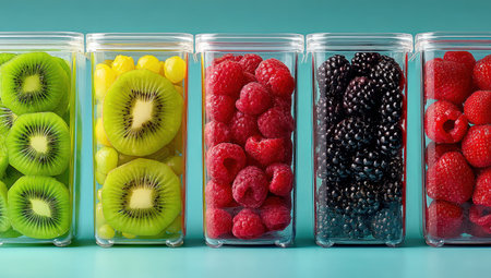 An assortment of colorful fruit is displayed in clear rectangular containers. The image showcases kiwis, yellow spheres, raspberries, blackberries, and strawberries, creating a vibrant composition. The fruits are set against a turquoise backdrop, with overhead lighting. Suitable for use in food, health, and wellness-related commercial projects.の素材