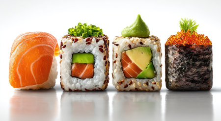 Four diverse sushi rolls are displayed against a clean white backdrop. The close-up showcases vibrant colors and textures, featuring salmon, avocado, and various toppings. The composition suggests a culinary theme suitable for food-related projects and commercial use, emphasizing freshness and variety.の素材