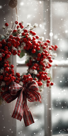 A decorative wreath featuring vibrant red berries, a checkered bow, and artificial snow. The composition showcases a close-up view of the wreath, hanging against a blurred background, suggesting a window scene. The image presents a holiday or seasonal theme, suitable for various editorial and commercial applications.の素材