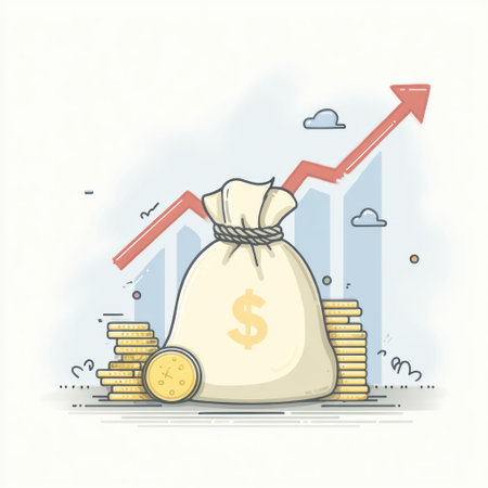 An illustration depicts a bag of money beside stacks of coins. An upward red arrow signifies growth and progress. The composition uses a cartoon style with soft colors and clean lines, creating a sense of financial success and prosperity, suitable for various business and commercial applications.の素材
