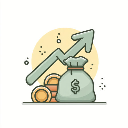 An illustration depicts a money bag, coins, and a rising arrow, conveying financial growth. The design incorporates a soft color palette with a light background and bold outlines, creating a modern, minimalist style. This image is suitable for commercial uses within the fields of finance, business, and investment.の素材