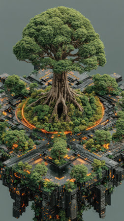 An illustration depicts a large tree flourishing atop a complex geometric structure. The image showcases detailed textures, vivid greens and browns, and a blend of natural and artificial elements. The composition suggests a symbolic representation of growth and technology, suitable for various editorial and promotional applications.の素材