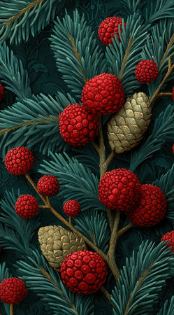 This image features a detailed illustration of pine branches adorned with vibrant red berries and golden pine cones. The composition showcases a close-up view against a dark background, highlighting the textures and natural elements. It may be used for various commercial or editorial applications such as design elements or decorative motifs.の素材