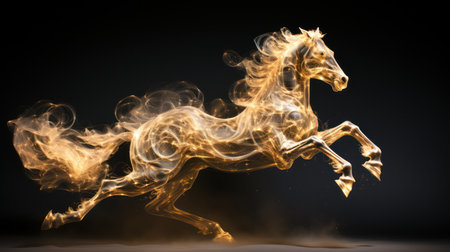 An illustration features a horse composed of swirling golden-orange smoke against a stark black backdrop. The artwork showcases the animal in a dynamic pose, suggesting movement and energy. The lighting emphasizes the ethereal texture of the smoke. Suitable for artistic prints, commercial designs, or editorial applications.の素材