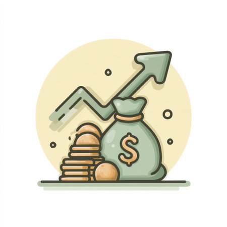 This illustration depicts a money bag with a rising arrow, alongside stacks of coins. The artwork features a soft, pastel color palette with a clean, vector style. It showcases a modern design, with potential applications for financial themes and business promotions, suitable for editorial and commercial use.の素材