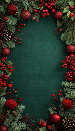 A vibrant image presents a Christmas wreath composition, featuring an assortment of red ornaments, berries, and pinecones, encircled by green evergreen branches. The design is set against a dark, textured backdrop. Suitable for seasonal projects, holiday advertisements, or general decorative use.の素材