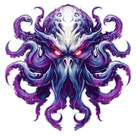 An illustration depicts a kraken creature with numerous tentacles emanating from its central head. It showcases a detailed design with vibrant purple and blue hues, and illuminated details. The illustration has a front-facing perspective, possibly for fantasy or mythical theme use. This image offers adaptability for use in visual projects.の素材