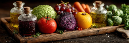 An assortment of fresh produce and oil bottles are arranged on a rustic wooden board. The composition features vibrant colors and textures, including red tomatoes, purple cabbage, and green leafy vegetables. The image has warm lighting, and could be used for food-related projects or healthy lifestyle promotions, and editorial purposes.の素材