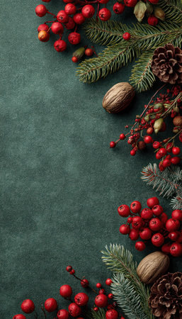 An overhead view displays a holiday arrangement featuring vibrant red berries, pine cones, and evergreen branches. The composition is set against a textured green backdrop. The style evokes a rustic feel with soft lighting, suitable for seasonal promotions and various editorial uses.の素材