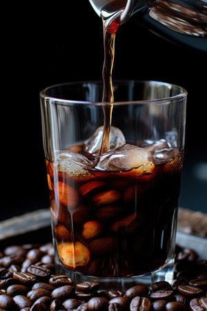 A close-up captures dark liquid pouring into a glass filled with ice. The drink is surrounded by coffee beans on a dark surface. The composition uses selective focus, and strong lighting creating a commercial aesthetic. Suitable for food and beverage promotions or editorial content.の素材