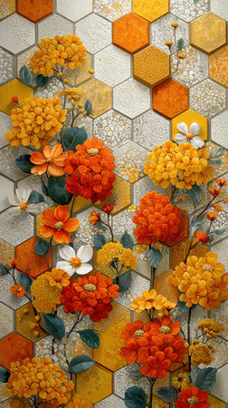 An artistic floral arrangement showcases orange and yellow flowers against a geometric honeycomb background. The composition employs a vertical format with detailed textures and rich colors. This vibrant design is suitable for various commercial uses, including decorative prints and digital backgrounds, evoking a sense of warmth.の素材