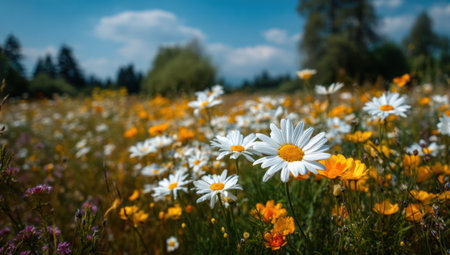A field of vibrant daisies and wildflowers basks under a bright blue sky with scattered clouds. The scene showcases close-up details of white, yellow, and orange flowers, alongside lush green foliage. This image features natural daylight and can be suitable for various commercial purposes.の素材