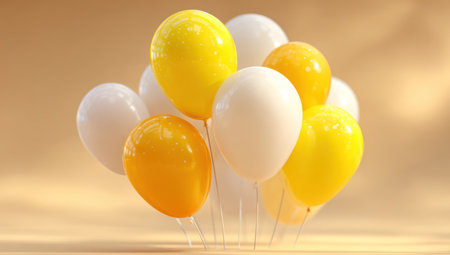 A cluster of balloons in shades of yellow and white floats against a soft, textured backdrop. The balloons appear smooth and glossy, with highlights suggesting sunlight. The image features a shallow depth of field. Suitable for various projects, including promotional materials or design elements.の素材